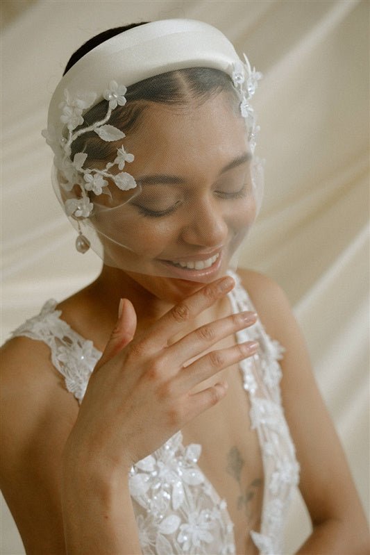Jasmine Ivory Sheer Tulle Flower Vine Birdcage Veil with headband