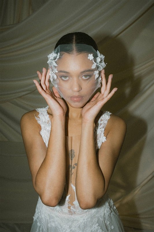 Jasmine Ivory Sheer Tulle Flower Vine Birdcage Veil with headband