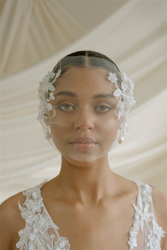 Jasmine Ivory Sheer Tulle Flower Vine Birdcage Veil with headband