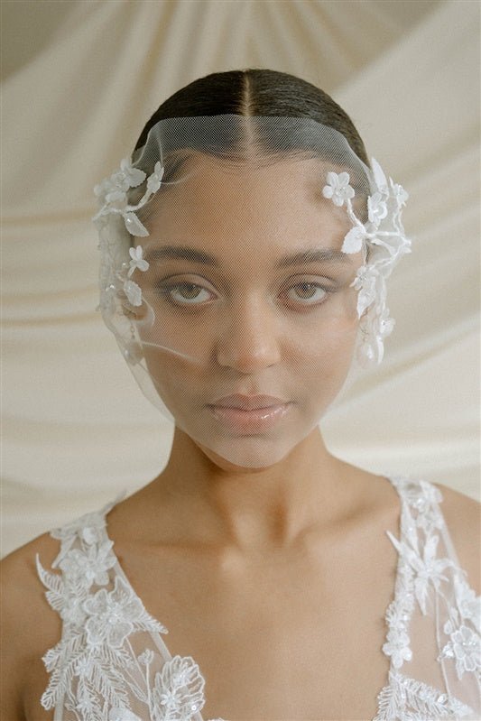 Jasmine Ivory Sheer Tulle Flower Vine Birdcage Veil