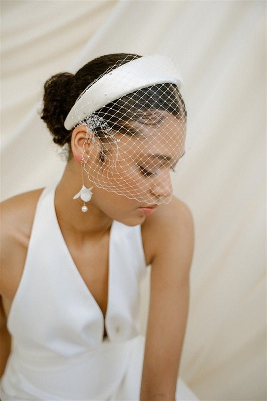 Leena Birdcage Veil with crystal edges styled with the Esther ivory satin padded headband