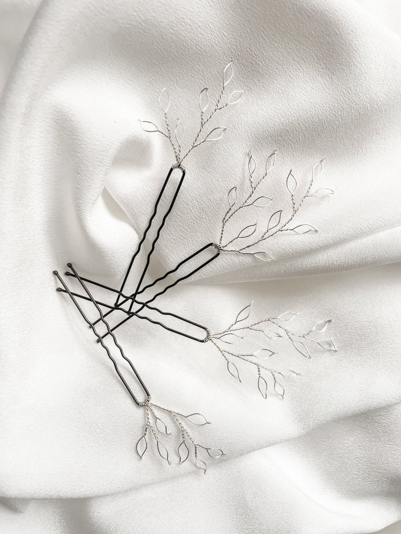 Libby Silver Minimal Botanical Leafy Wedding Hair Pins 