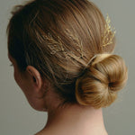 Leafy Wedding Hair Pins - Set of Four  Gold Hairpins worn by model with low bun updo