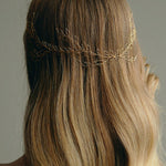 Bridal Hair Vine - model wears long leafy gold bridal hair vine