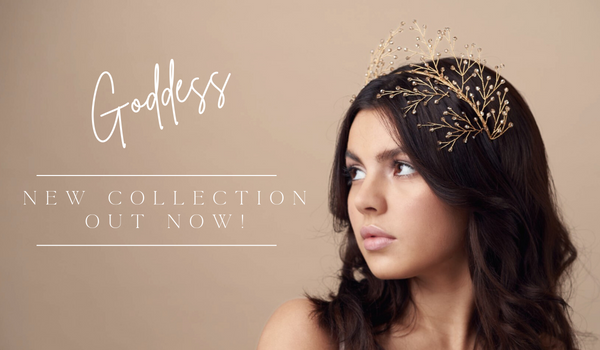 model wears gold crystal crown and hairpins with the text ' Goddess, new collection out now'