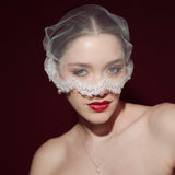 Woman wearing a sheer face veil with lace details against a dark background