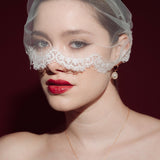 Woman wearing a sheer face veil with lace details against a dark background