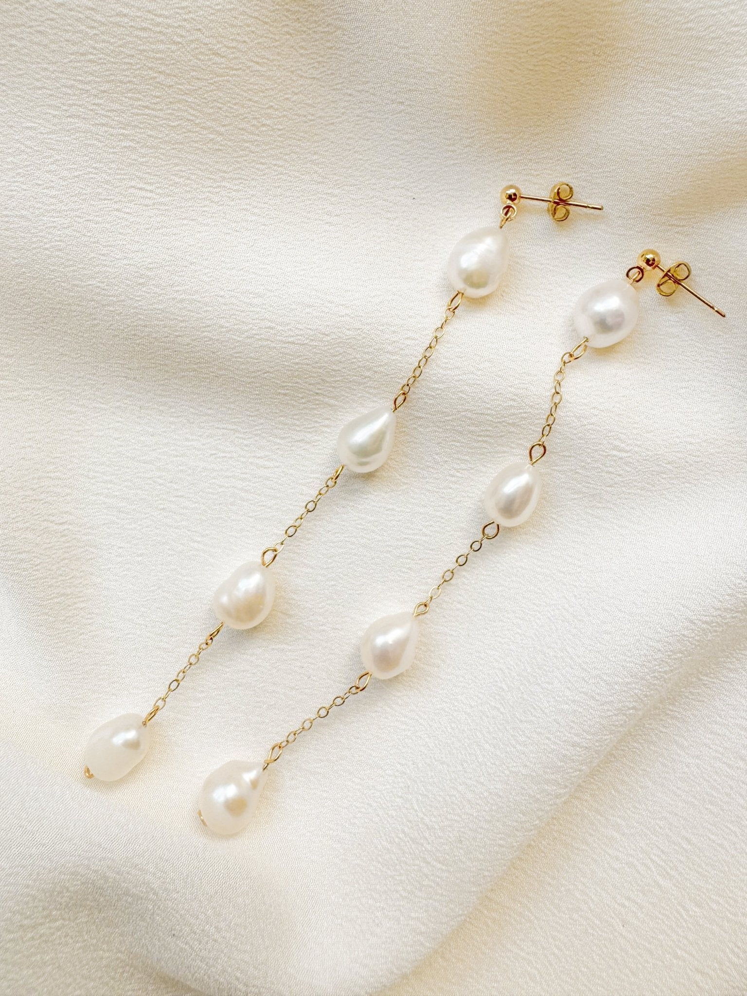 baroque pearl long drop gold chain earrings