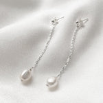 Long drop silver chain baroque pearl earrings 