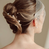 bride wears an ivory tulle mask style micro veil with small pearl embellishment with small pearl hair pins in a a soft chignon French twist updo and crystl and pearl stud drop earring