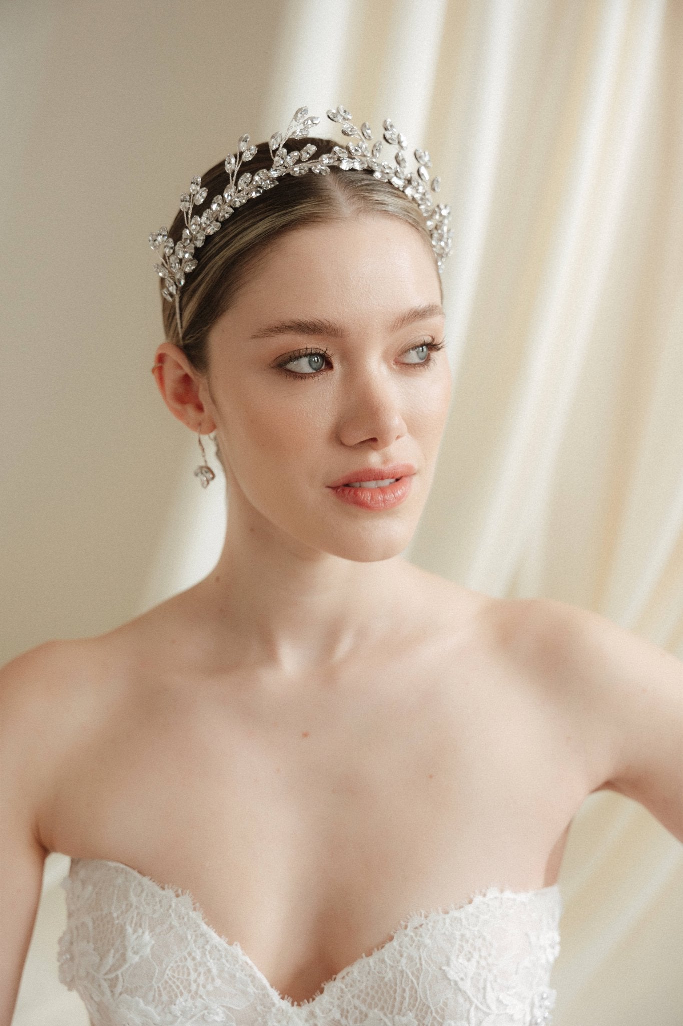 Woman wearing a wedding dress and tiara with a soft, neutral background