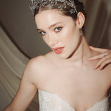 A bride wears a sparkling silver crystal crown with hair pins positioned at it's base to create the effect of leaves growing out of the base of the headpiece 