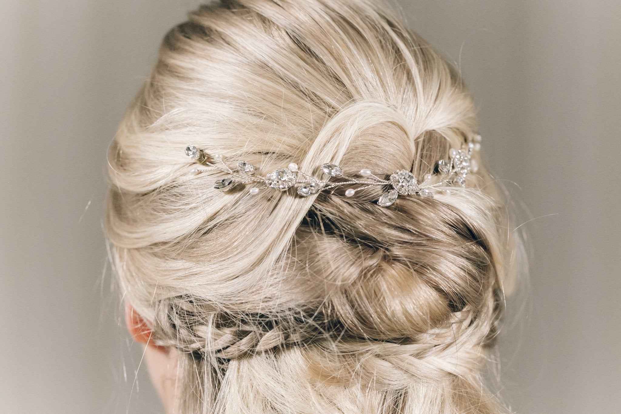 Crystal and pearl bridal delicate half up updo wedding hair vine - Thea