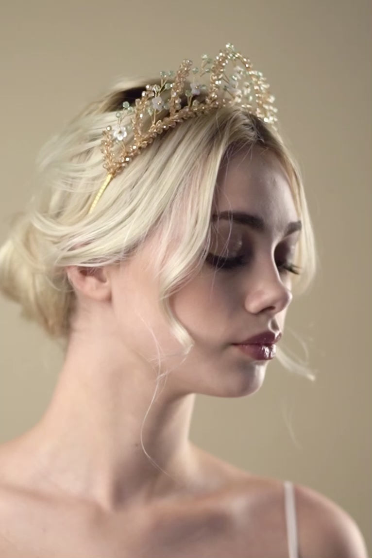 Gold and green crystal floral bridal crown - Small Coraline