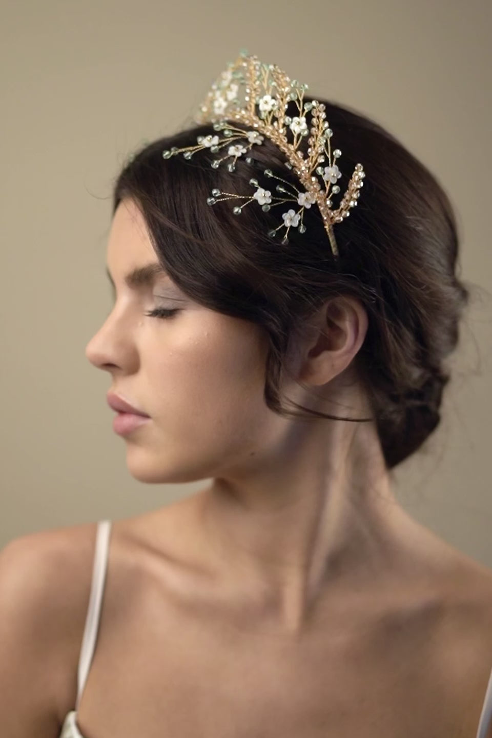 Gold and green crystal floral bridal crown with coordinating hairpins - Small Coraline