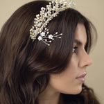 Champagne and ivory crystal floral bridal crown with matching hairpins at front - Large Coralin