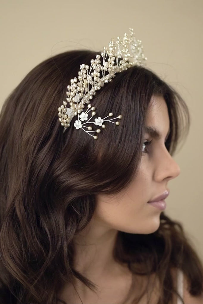 Champagne and ivory crystal floral bridal crown with matching hairpins at front - Large Coralin