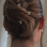 Bride wears small crystal hair pins in a French twist up do chignon