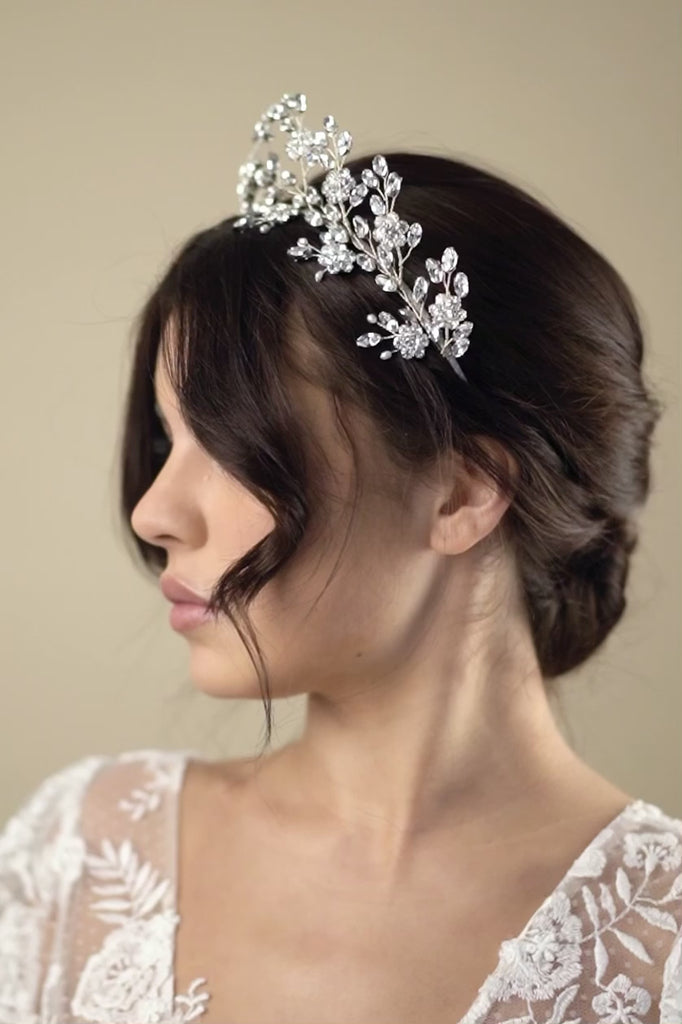 Silver crystal flower crown with matching hairpins - Mabel