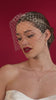 bride wears a crystal birdcage veil with gold hoop pearl earrings and matching necklace