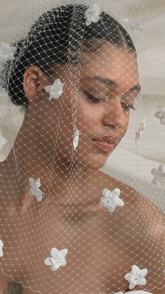 Blossom Ivory Birdcage Blusher Veil With 3D Flowers