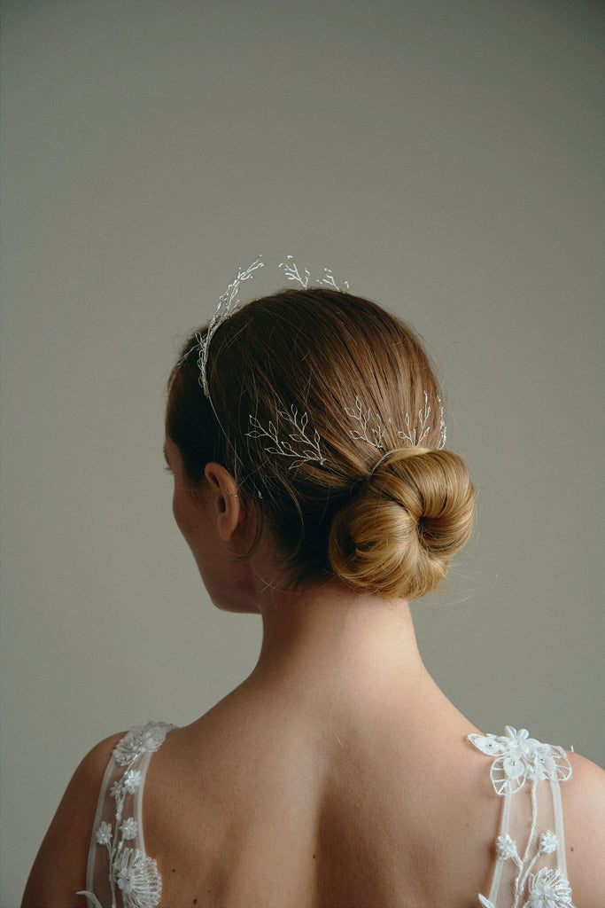 Libby silver leafy wedding hair pins and matching silver leaf crown
