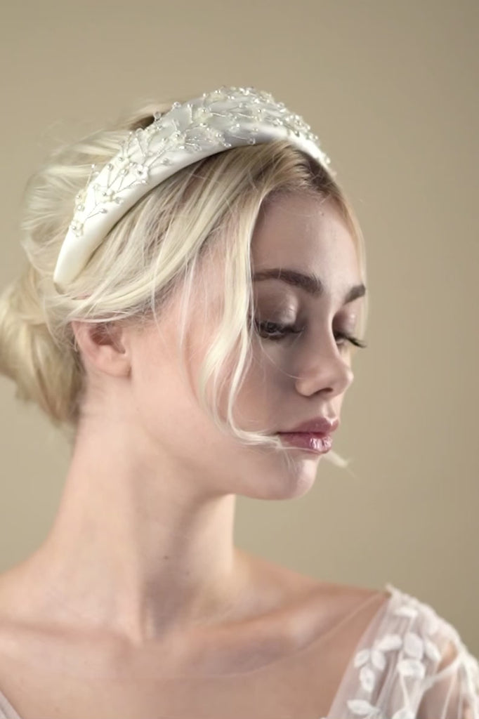 Embellished floral ivory padded headband with crystals and pearls - Effie