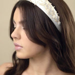 Embellished floral gold and ivory padded headband with crystals and mother of pearl