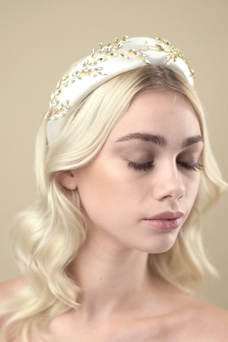 Gold and ivory padded headband with luxury crystal botanical design