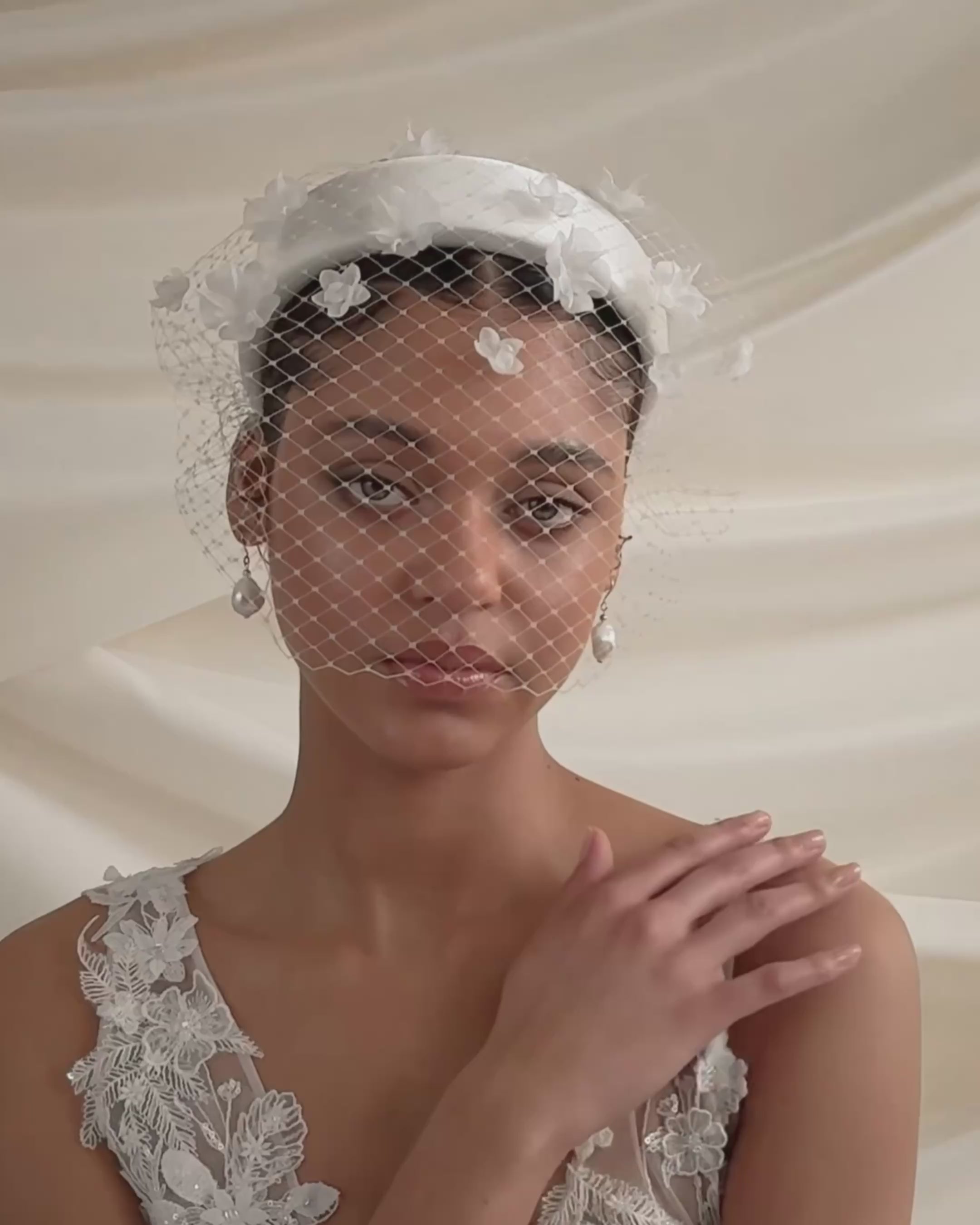 Fleur ivory birdcage veil with graduated silk flowers