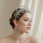 a bride wears a set of two stacked silver crystal crowns with matching hair pins extending over the top of her head s if growing from the tiara style base.