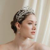 a bride wears a set of two stacked silver crystal crowns with matching hair pins extending over the top of her head s if growing from the tiara style base.