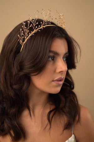 Gold botanical crystal crown for a rustic elegance wedding - Maeve