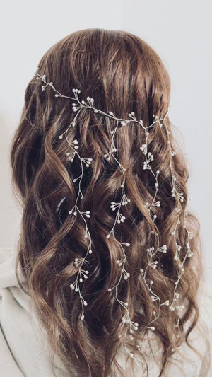 Veil hairvine with dangling strands in silver and freshwater pearl  - Elise