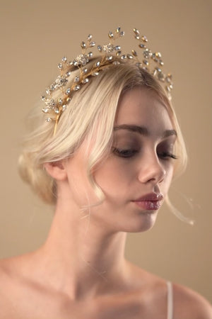 Gold crystal flower crown tiara for a modern fairytale wedding - Mabel