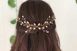 Silver crystal and pearl leafy long bridal hair vine - Lily