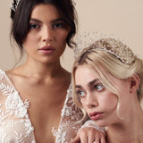 Two models show different ways to wear the Maeve crowns - in pearl and clear crystal designs