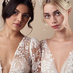 Two models wear boho crystal flower crown in gold and silver options - the silver option shows how the height of the crown can be adjusted to sit lower - Isobel