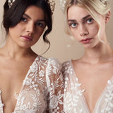 Two models wear boho crystal flower crown in gold and silver options - the silver option shows how the height of the crown can be adjusted to sit lower - Isobel