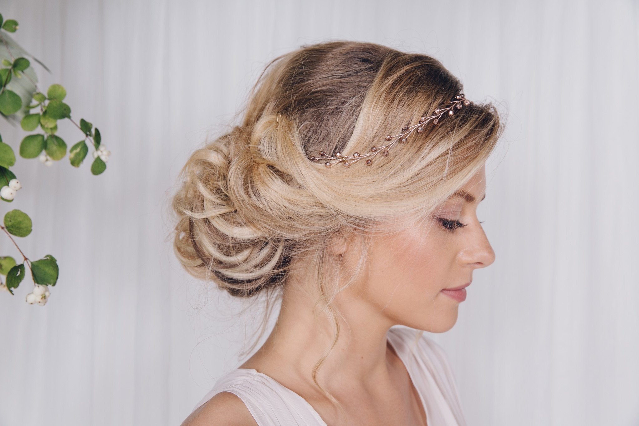 Rose gold crystal wedding headband with ribbon tie