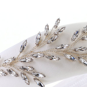Ivory Satin Padded Headband With Silver Crystal Leaves - Angelica
