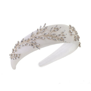 Ivory Satin Padded Headband With Silver Crystal Leaves - Angelica