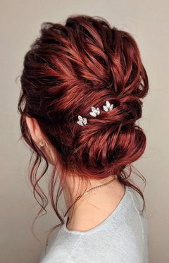rose gold Swarovski crystal hairpins on red wedding hair bridal updo
