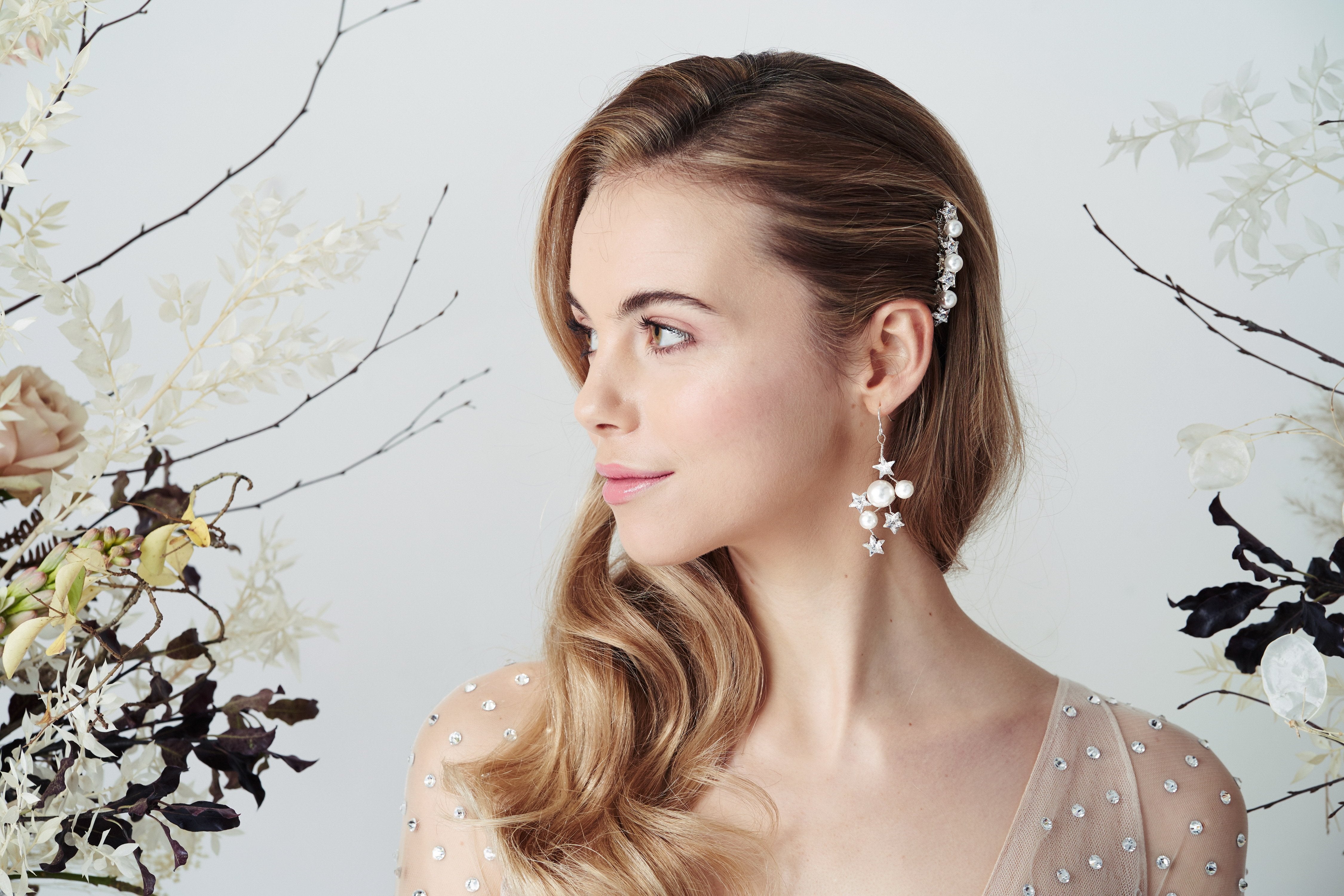 Slim Swarovski star and pearl bridal hair comb