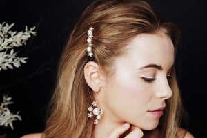 Asteria earrings worn with Artemis Swarovski star and pearl comb
