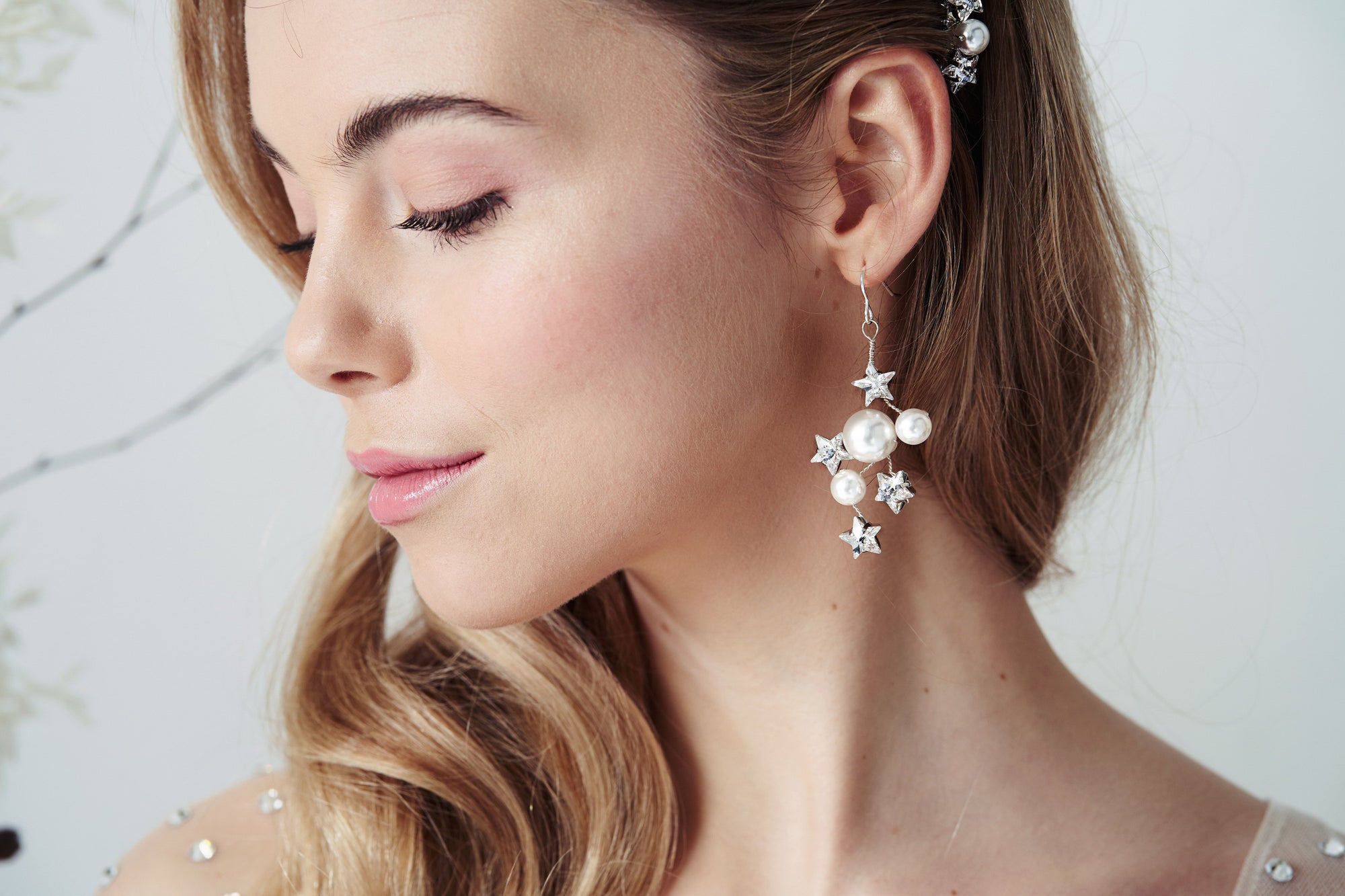 Silver Swarovski Crystal star and pearl celestial bridal earrings