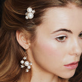 Gold celestial crystal and pearl bridal earrings with matching hair pins