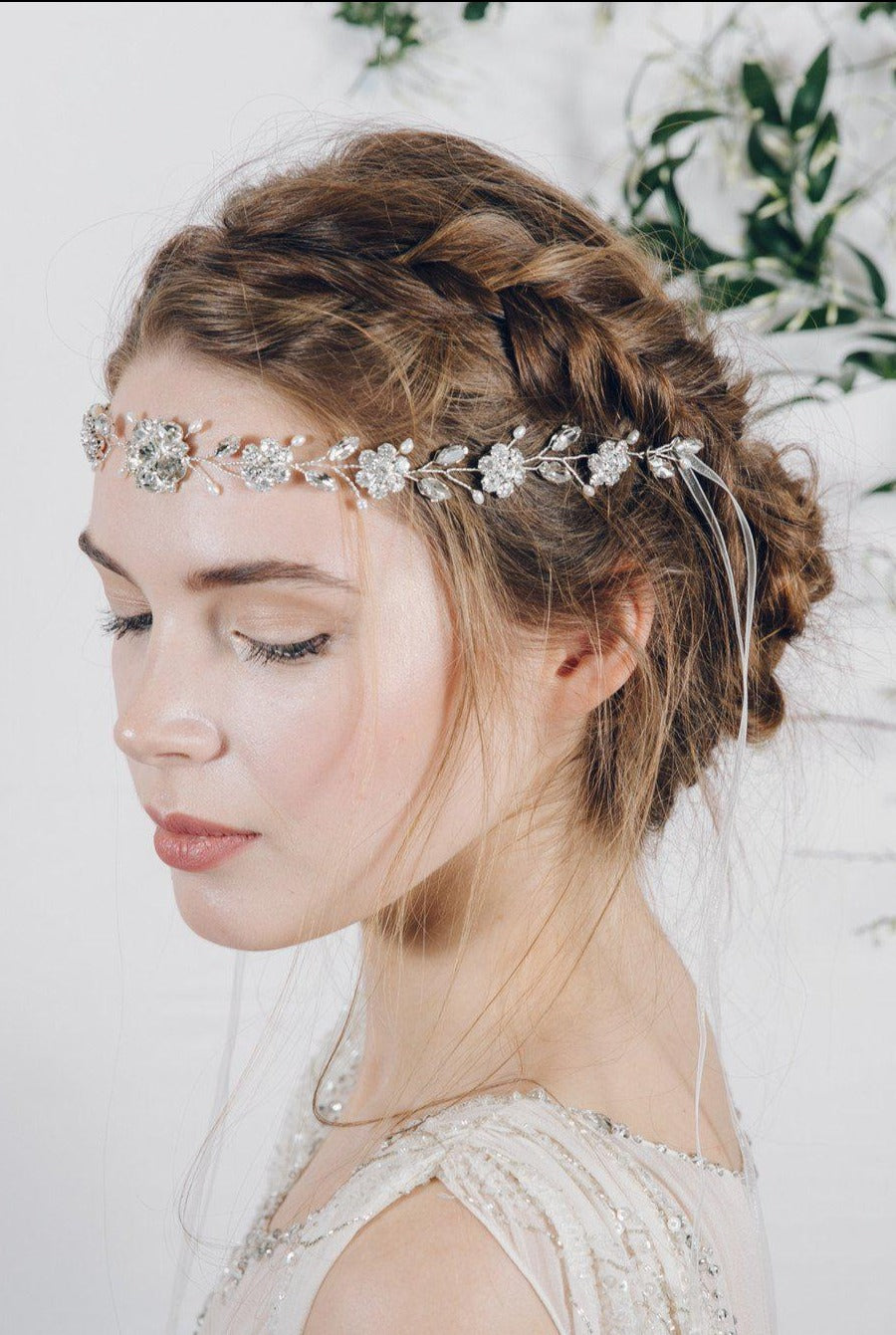 Crystal and freshwater pearl ribbon tie bridal tiara
