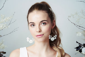 Mother of pearl flower wedding hair comb and bridal earrings set worn with high pony tail