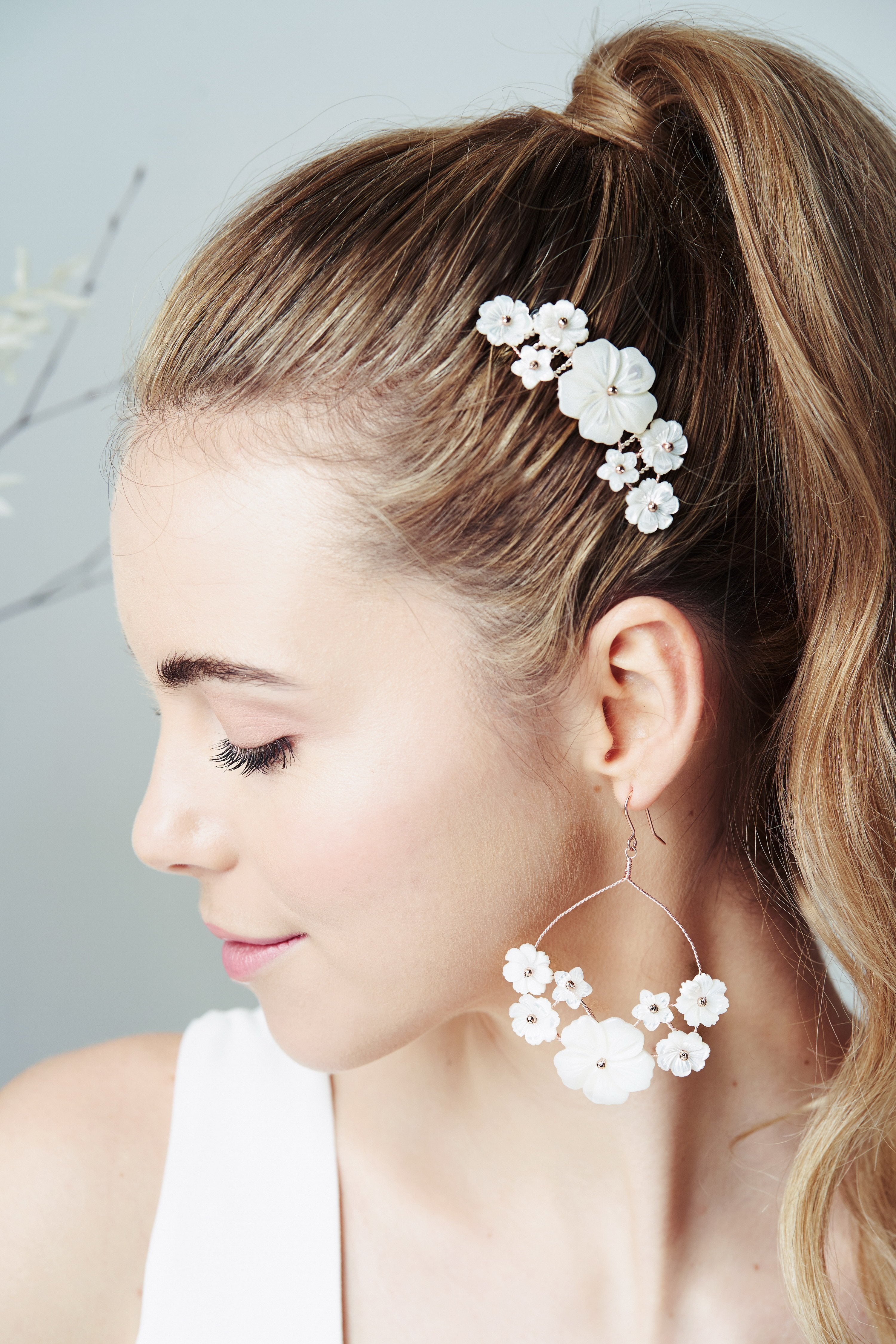 Rose Gold mother of pearl flower wedding hair comb and matching earrings by Debbie Carlisle